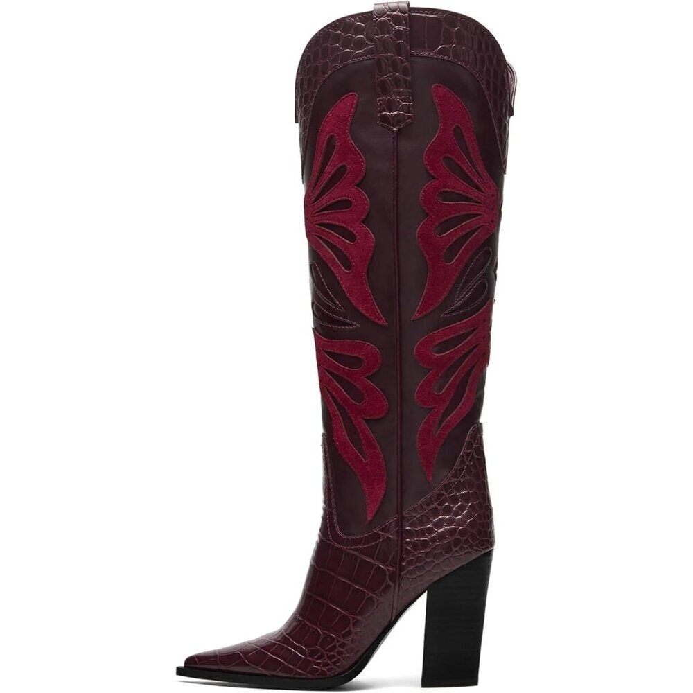 🆕Women's Burgundy Pointed Toe Chunky High Heel Cowgirl Wide Calf Knee High Boot